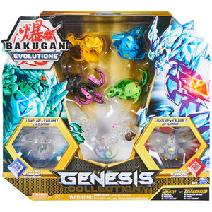 Buy now Bakugan Evolutions Genesis Collection Pack - 2 Light Up Action Figures, 4 Exclusive Bakugan, 2 Nanogan, 8 Cards, 4 BakuCores - Kids Toys for Boys Ages 6 and Up at indiglob india