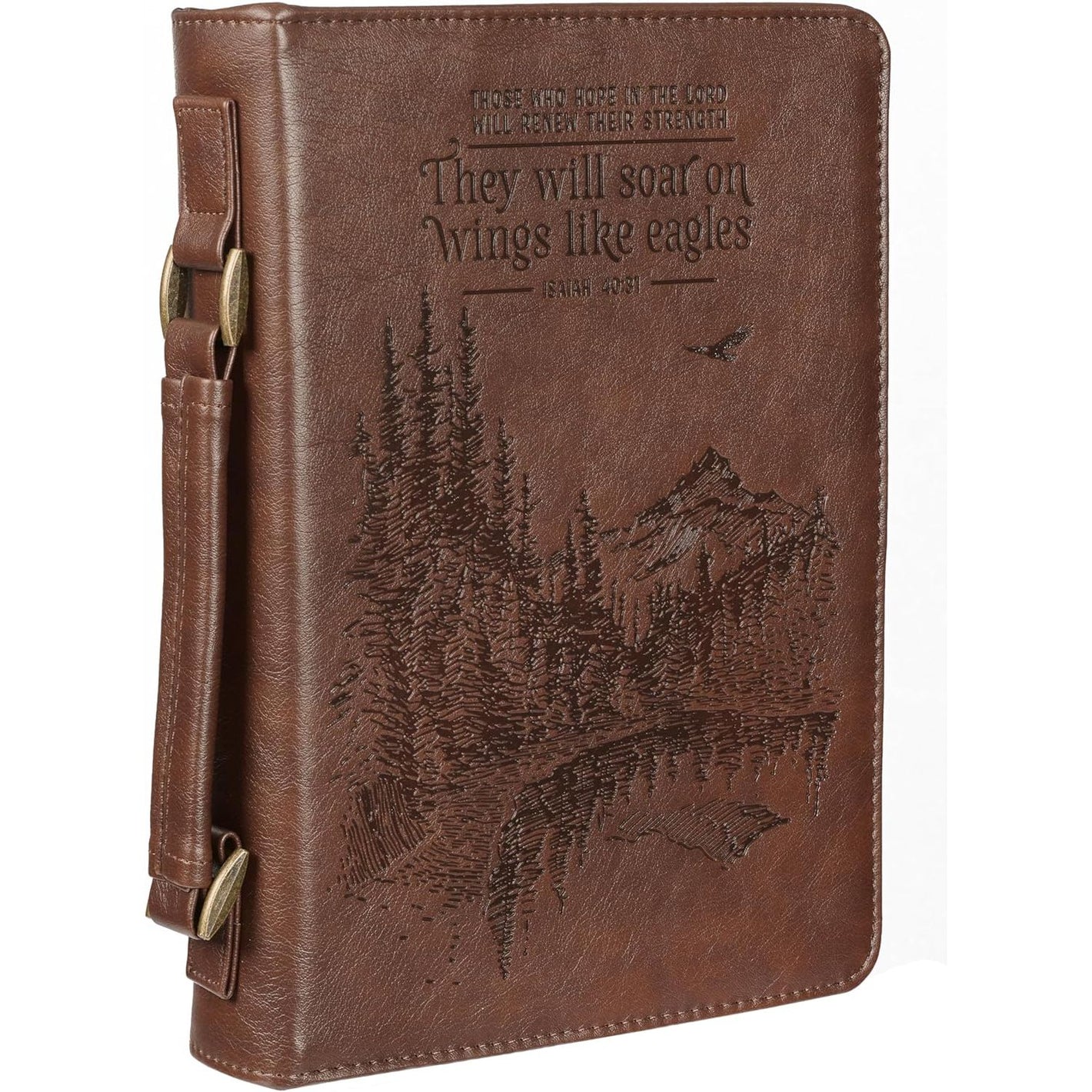 Christian Art Gifts Men's Classic Bible Cover On Wings Like Eagles Mountain Isaiah 40:31, Brown Faux Leather, Large