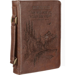 Christian Art Gifts Men's Classic Bible Cover On Wings Like Eagles Mountain Isaiah 40:31, Brown Faux Leather, Large