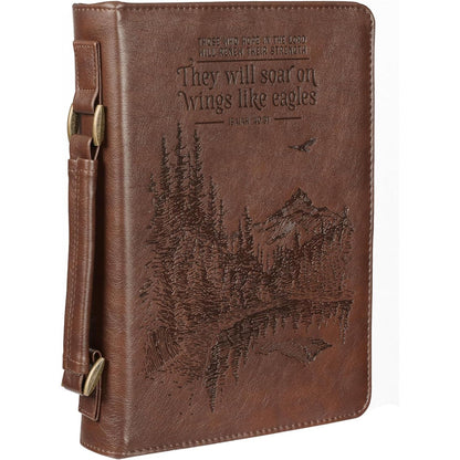 Christian Art Gifts Men's Classic Bible Cover On Wings Like Eagles Mountain Isaiah 40:31, Brown Faux Leather, Large