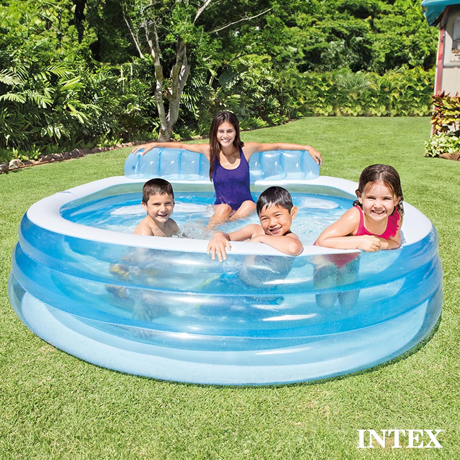 Buy now INTEX Swim Center Inflatable Family Lounge Pool: Built-In Bench – Cup Holder – 156 Gallon Capacity – 90" x 86" x 31" – Blue at indiglob india