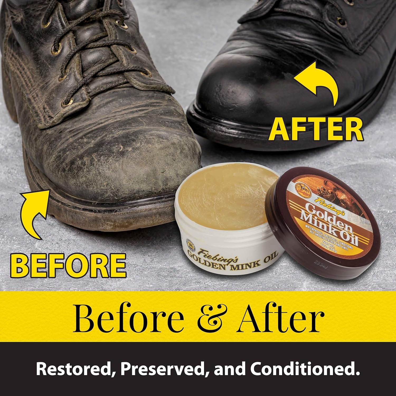 Buy now Fiebing's Golden Mink Oil for Leather Boots (6 oz) - Leather Cleaner & Conditioner - Waterproof, Preserve, Soften All Smooth Leathercraft & Vinyl - Prevents Salt Stains - Use On Couch, Shoe, Purse at indiglob india