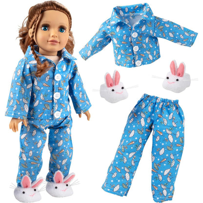 3pc Pajama Outfit w Bunny Slippers - 18" Doll Clothes & Accessories Compatible w American Girl Dolls - Set Includes April Showers PJ Top & Bottom, & White Rabbit Slippers - Cozy and Cute