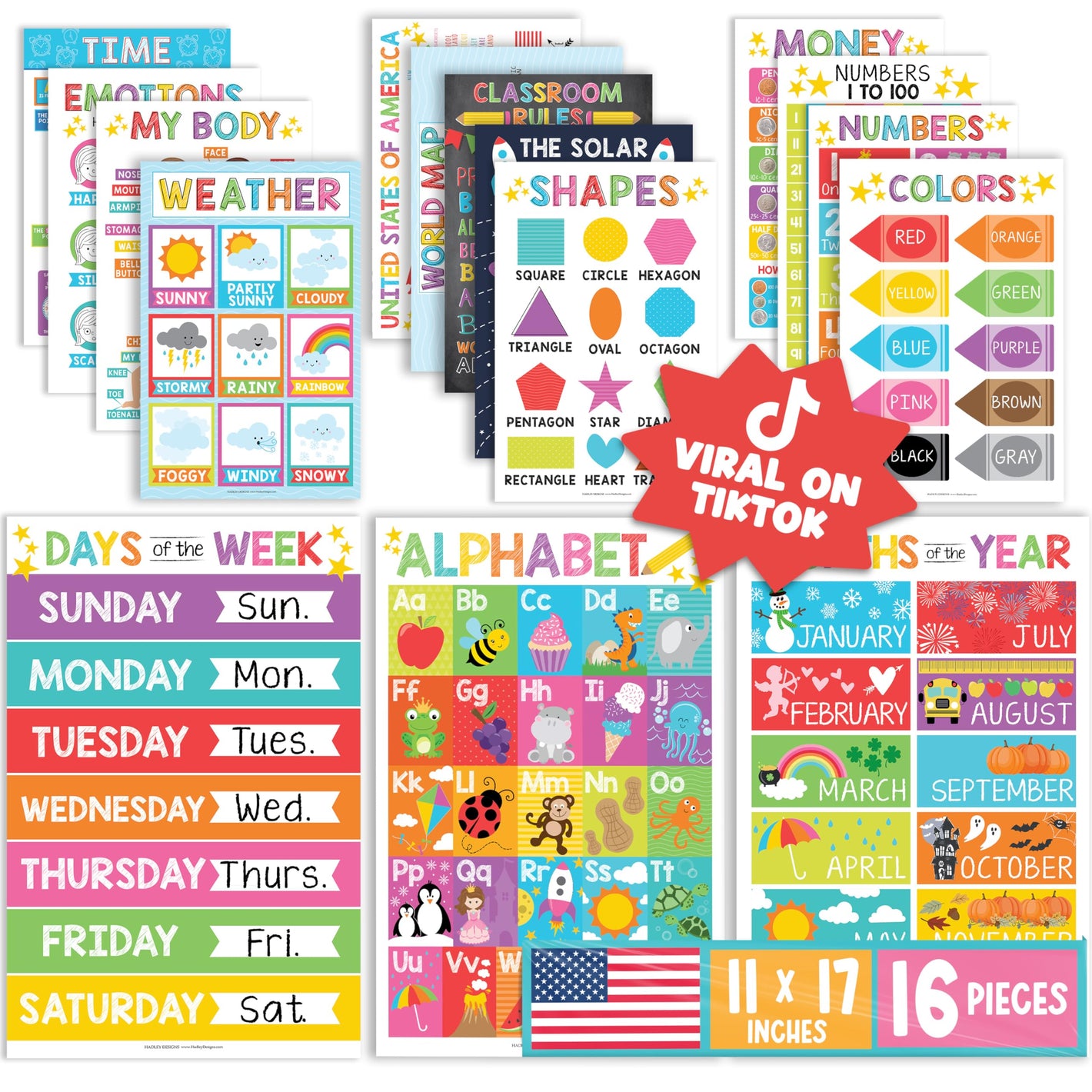 Buy now Hadley Designs 16 Educational Posters for Classroom Decor - Colorful Educational Posters for Toddlers 1-3, Toddler Learning Poster for Kids Ages 3-5, Kindergarten & Preschool Classroom Must Haves at indiglob india
