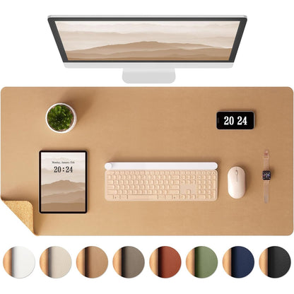 Aothia Dual-Sided Desk Pad - Leather Desk Mat, Natural Cork Desk Pad Protector, Large Mouse Pad for Desk, Waterproof Desk Blotter Pad, Desk Writing Pad for Office Work/Home, Apricot(25.6"x13.7")