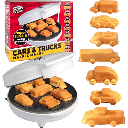 Car Mini Waffle Maker- Xmas Gift for Him- Make 7 Different Race Cars Trucks & Automobile Vehicle Shaped Pancakes for Kids Adults- Electric Waffler Iron w Recipe Guide, NonStick Pan Cake Baker Machine