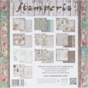 Stamperia International KFT SBBL25 Pack 10 Sheets Double face-Roses, lace and Wood, 30.5 x 30.5 (12" x 12"), Multicoloured