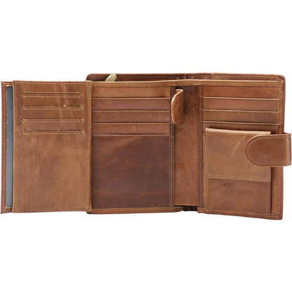 POKOFO Large RFID Genuine Leather Card Holder Trifold Wallet Snap Closure 3 ID Windows for men