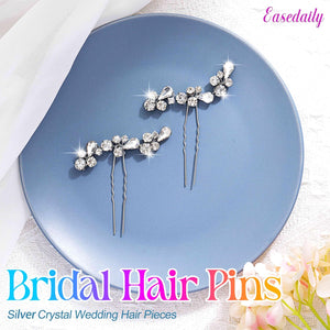 Easedaily Rhinstone Bride Wedding Hair Pins Silver Crystal Bridal Hair Pieces Hair Accessories for Women and Girls (pack of 2) (A-Silver)
