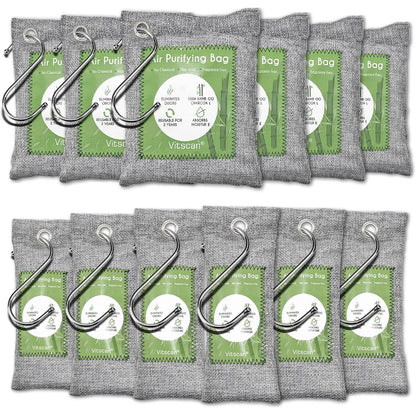 12 Pack Bamboo Air Purifying Bag, Activated Charcoal Bags Odor Absorber, Moisture Absorber, Natural Car Air Freshener, Shoe Deodorizer, Odor Eliminators For Home, Pet, Closet (6x50g, 6x150g)