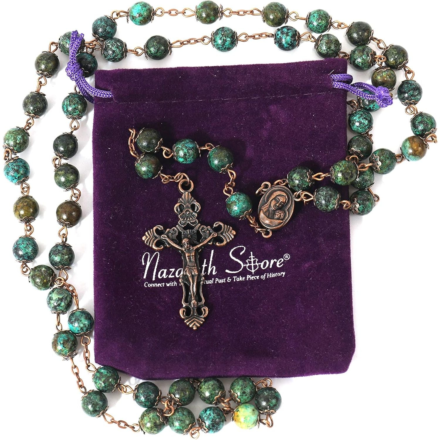 Buy now Nazareth Store Vintage Design Rosary Natural Jasper Stone Beads Necklace Holy Soil Medal & Cross Crucifix Religious Rosaries Terra Santa Jerusalem Collection at indiglob india