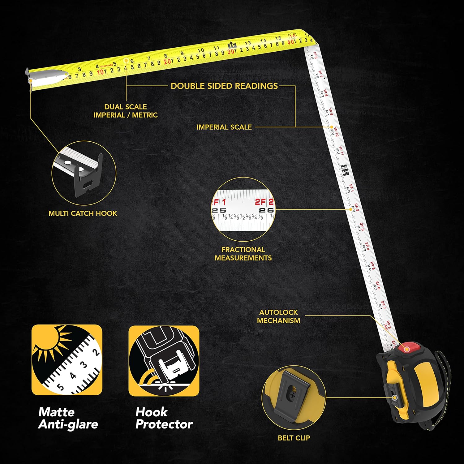 Buy now LEXIVON 25Ft/7.5m AutoLock Tape Measure | 1-Inch Wide Blade with Nylon Coating, Matte Finish White & Yellow Dual Sided Rule Print | Ft/Inch/Fractions/Metric (LX-205) at indiglob india
