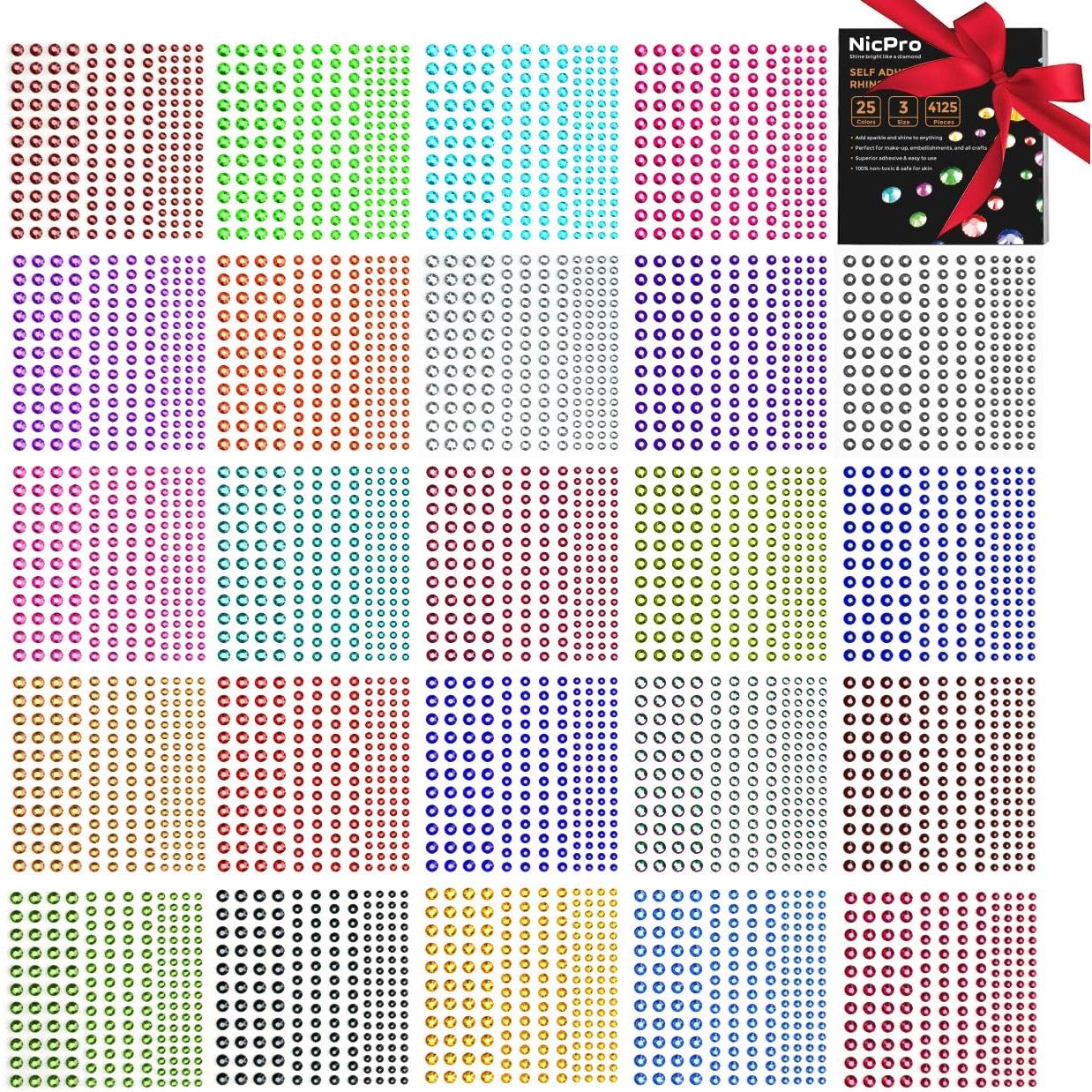 Rhinestone Stickers 4125 PCS, Nicpro Self Adhesive Gems Stick on Face Body Hair Makeup Festival, Bling Jewels in 3 Size 25 Colors,25 Embellishments Sheet for Decorations Crafts Nail Card