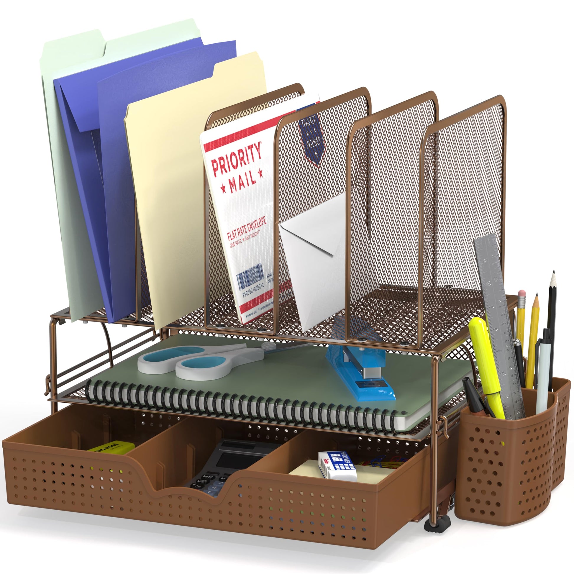 Buy now Simple Houseware Mesh Desk Organizer with Sliding Drawer, Double Tray and 5 Upright Sections, Copper at indiglob india