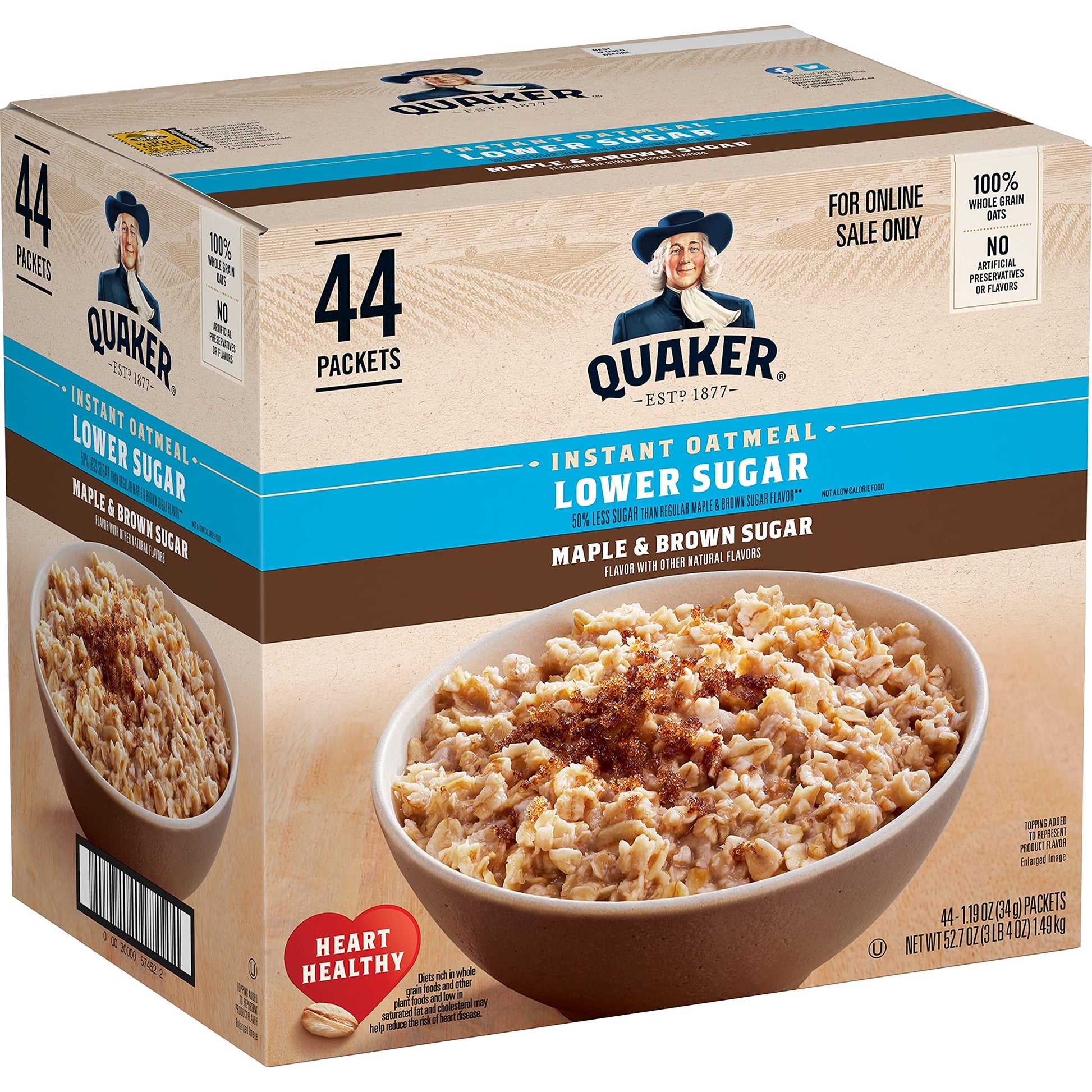 Buy now Quaker Instant Oatmeal Fruit & Cream Variety Pack, Single Serve Packets, (44 Pack) Maple & Brown Sugar - 50% Less Sugar at indiglob india