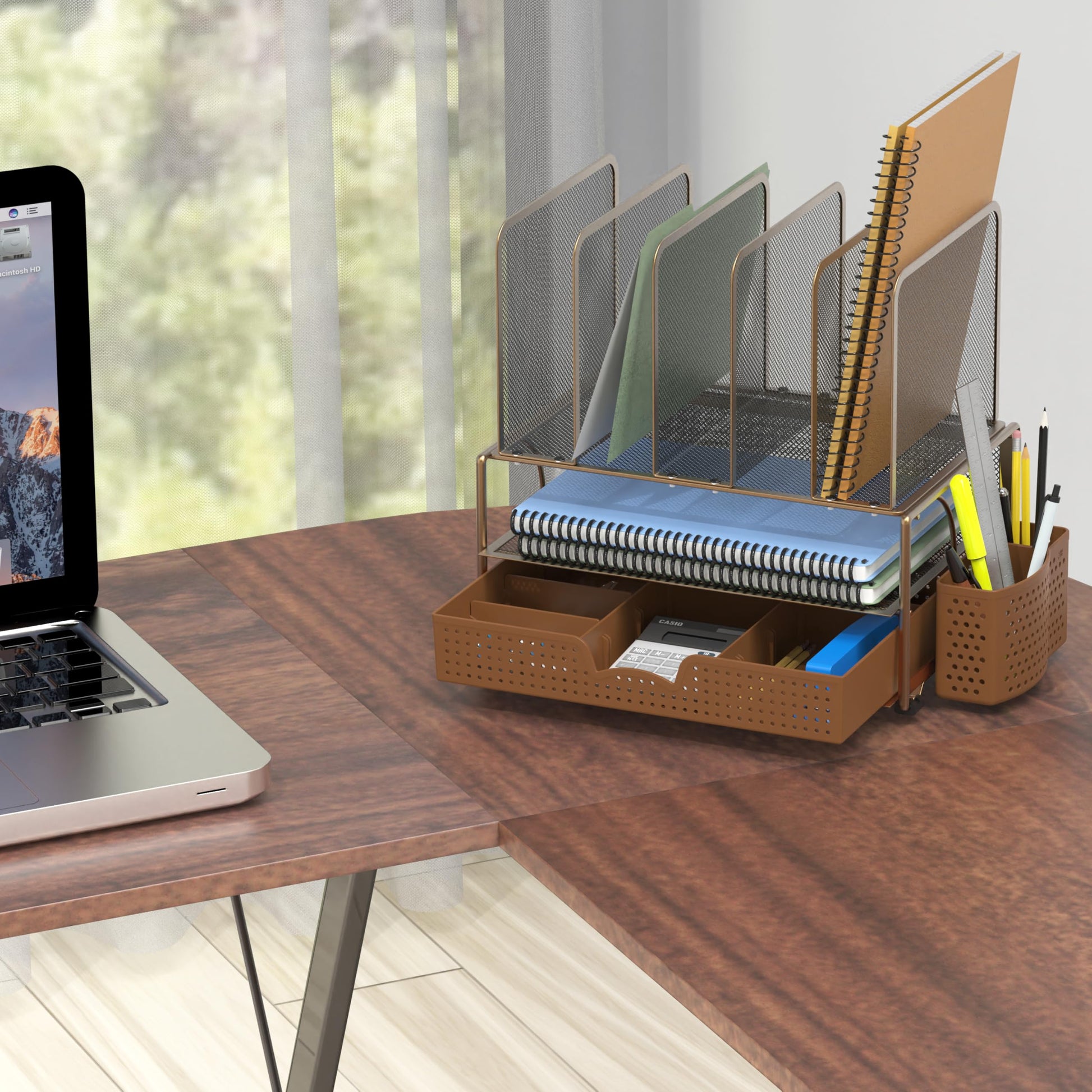 Buy now Simple Houseware Mesh Desk Organizer with Sliding Drawer, Double Tray and 5 Upright Sections, Copper at indiglob india