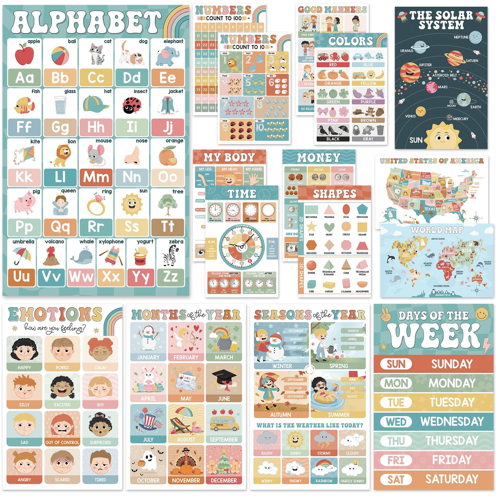 Buy now BEAWART 18 Laminated Educational Posters For Toddlers, Preschool Posters for Classroom, Kindergarten Wall Decor, PreK Learning Materials Alphabet Number Chart at indiglob india