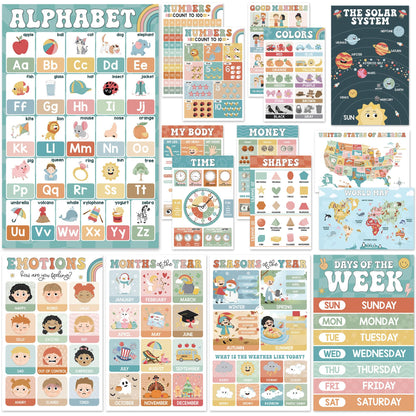 Buy now BEAWART 18 Laminated Educational Posters For Toddlers, Preschool Posters for Classroom, Kindergarten Wall Decor, PreK Learning Materials Alphabet Number Chart 16 Boho Groovy Educational Posters at indiglob india