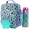 Bentology Kids Lunch Bag Set w Matching Reusable Water Bottle & Hard Ice Pack- Blue Purple Cheetah Cat- Insulated Tote, Stainless Steel Insulated Thermos, Hard Ice Pack- Back to School Lunchbox Kits - Cheetah