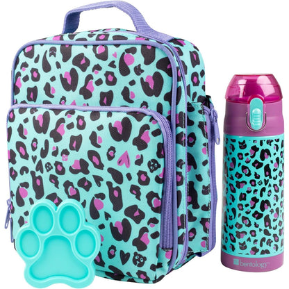 Bentology Kids Lunch Bag Set w Matching Reusable Water Bottle & Hard Ice Pack- Blue Purple Cheetah Cat- Insulated Tote, Stainless Steel Insulated Thermos, Hard Ice Pack- Back to School Lunchbox Kits