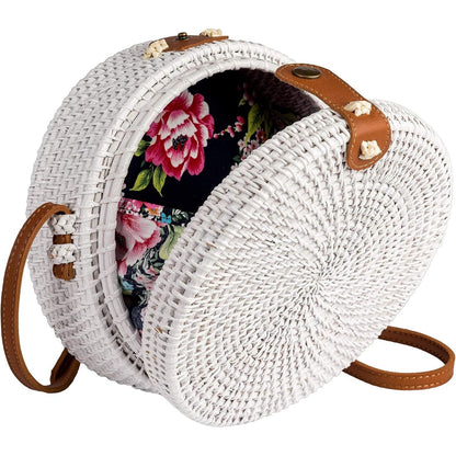 Round Straw Bag Shoulder Leather Straps | Wicker Rattan Hand Woven Crossbody Shoulder Purse Beach Bags for Women