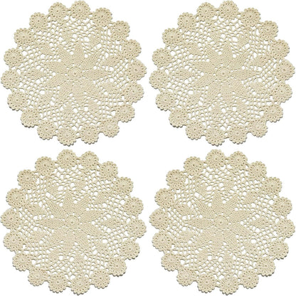Phantomon 12 Inch Round Doilies Crochet Handmade Lace Placemats 100% Cotton Knitted Coasters, Pack of 4 (Beige)