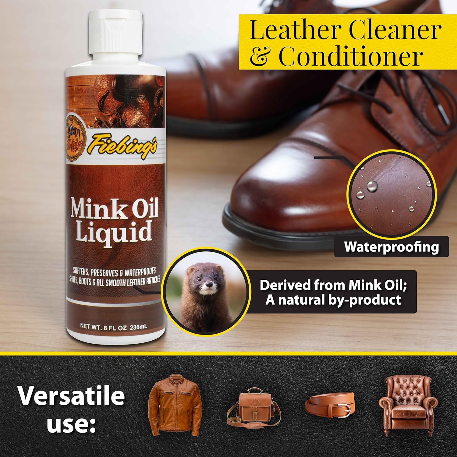 Buy now Fiebing's Liquid Mink Oil for Leather Boots (8 fl oz) - Leather Cleaner & Conditioner - Waterproof, Preserve, Soften All Smooth Leathercraft & Vinyl - Prevents Salt Stains - Use On Couch, Shoe, Purse at indiglob india