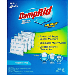 DampRid 10.5 oz Fragrance Free Absorber Easy Fill Refill Packs-4 Count – Attracts & Traps Moisture for Fresher, Cleaner Air, Blue/White