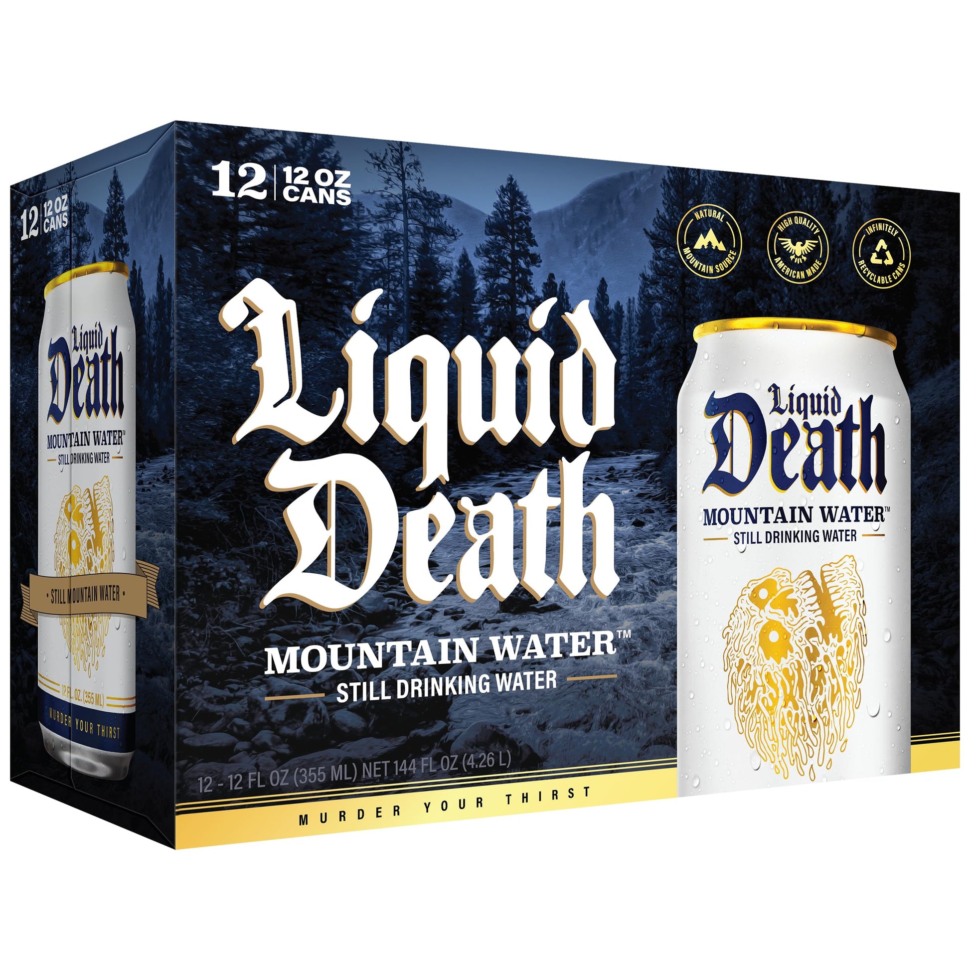 Buy now Liquid Death Sparkling Mountain Water, Real Mountain Source, Ice-Cold Cans, Infinitely Recyclable, 12 Fl Oz (Pack of 12) at indiglob india