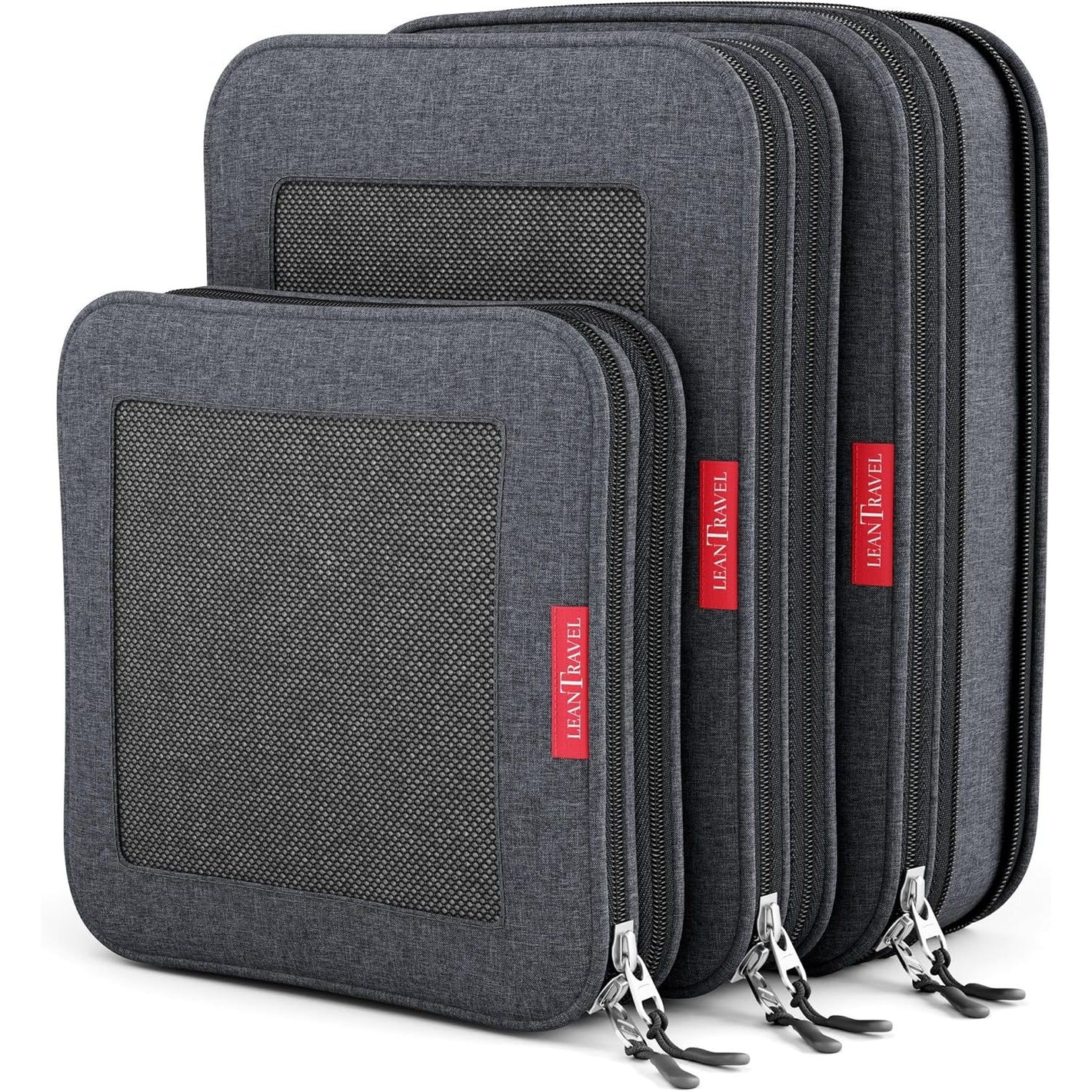 LeanTravel Compression Packing Cubes for Travel Organizers with Double Zipper (3-Pack (2L+1M), Black)
