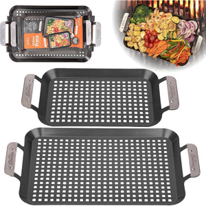 Camerons BBQ Grill Topper Grilling Pans (Set of 2)- Non-Stick Barbecue Trays w Stainless Steel Handles - Indoor Outdoor use for Barbecue & Smoked Meat, Vegetables & Seafood - Grill Essentials Gift Set