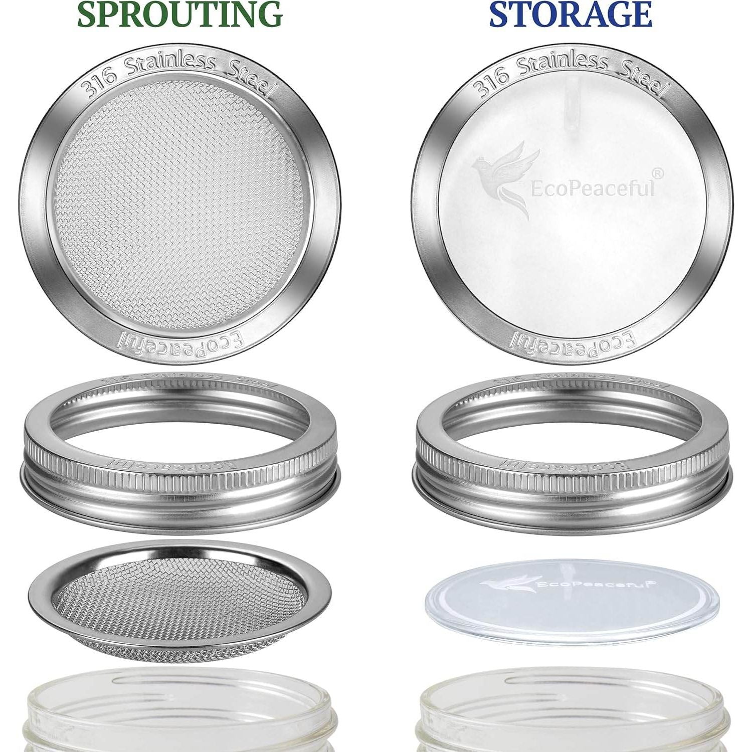 4 Pack Mason Jar Sprouting Lids for Wide Mouth Mason Jars (Ball or Kerr) - 316 Surgical Stainless Steel Curved Mesh Sprouting Set (4 Rings, 4 Screens, 4 Inserts) - Strainer Sifter - My Store