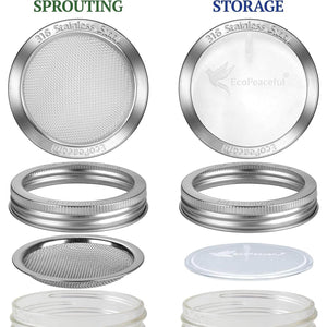 4 Pack Mason Jar Sprouting Lids for Wide Mouth Mason Jars (Ball or Kerr) - 316 Surgical Stainless Steel Curved Mesh Sprouting Set (4 Rings, 4 Screens, 4 Inserts) - Strainer Sifter - My Store