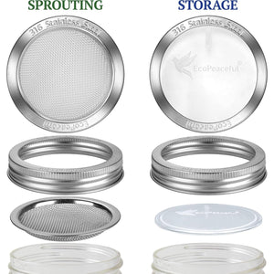 4 Pack Mason Jar Sprouting Lids for Wide Mouth Mason Jars (Ball or Kerr) - 316 Surgical Stainless Steel Curved Mesh Sprouting Set (4 Rings, 4 Screens, 4 Inserts) - Strainer Sifter