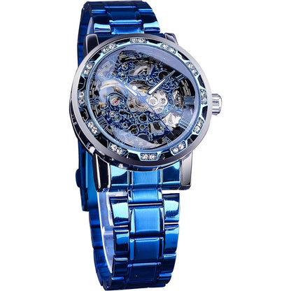 Winner Retro Manual Mechanical Skeleton Watch with Diamond and Carving Flower Craft Men Skeleton Wrist Watch Mechanical Classic Roman Number