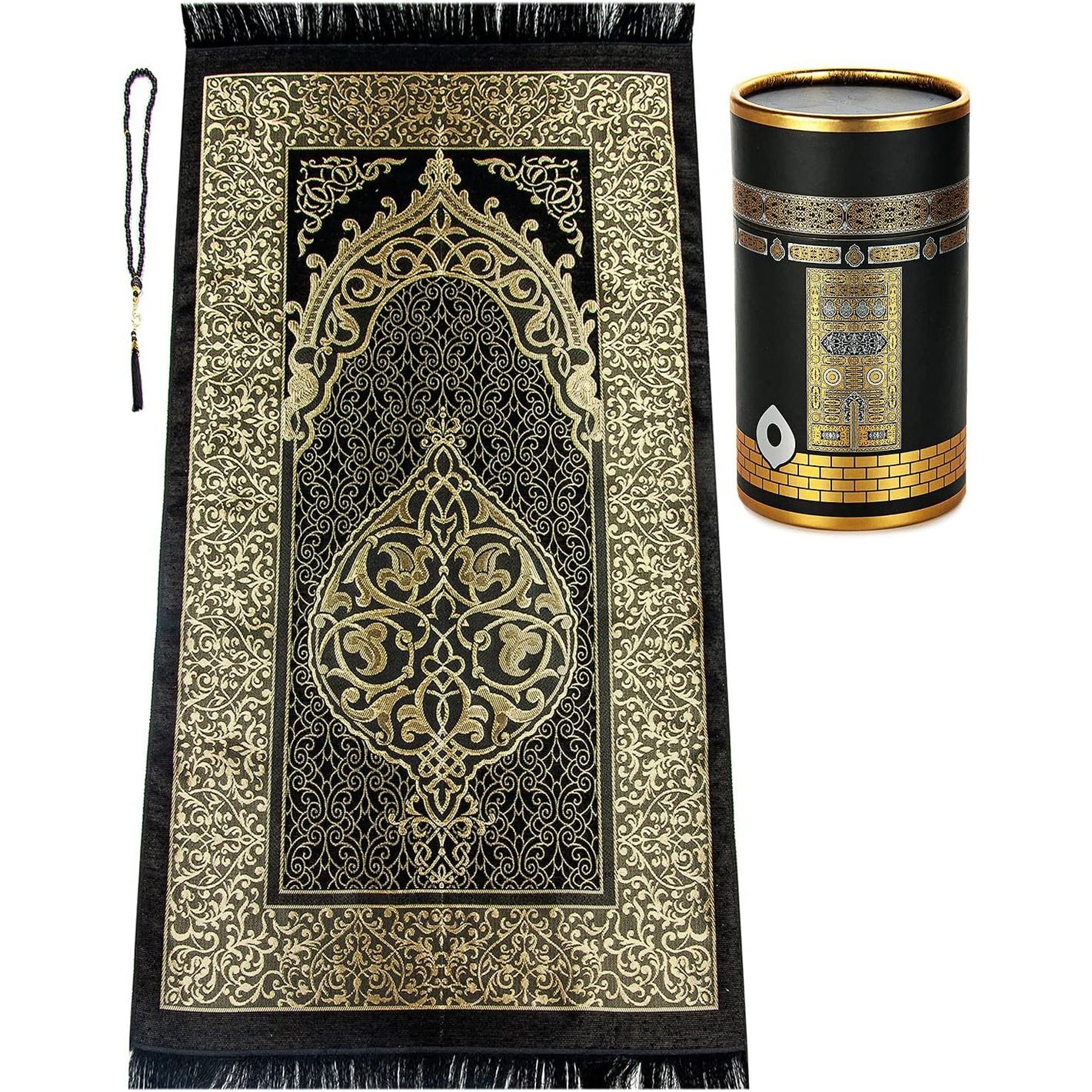 ihvan online Muslim Prayer Rug and Prayer Beads with Elegant Design Cylinder Gift Box, Janamaz, Sajadah, Soft Islamic Gifts Set, Carpet Mat, Taffeta Fabric, Black