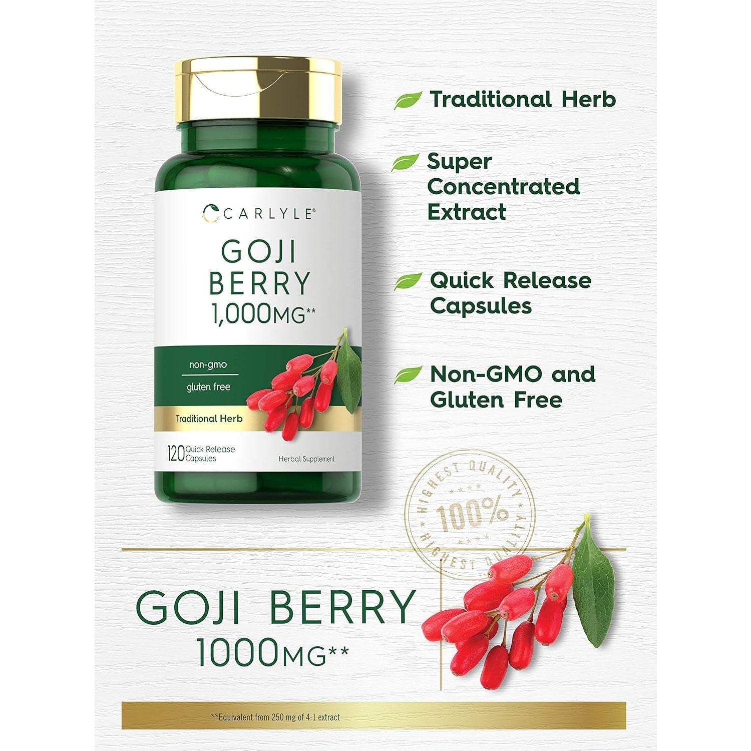 Carlyle Goji Berry 1000mg | 120 Capsules | Concentrated Extract from Wolfberry Plant | Non-GMO, Gluten Free - My Store