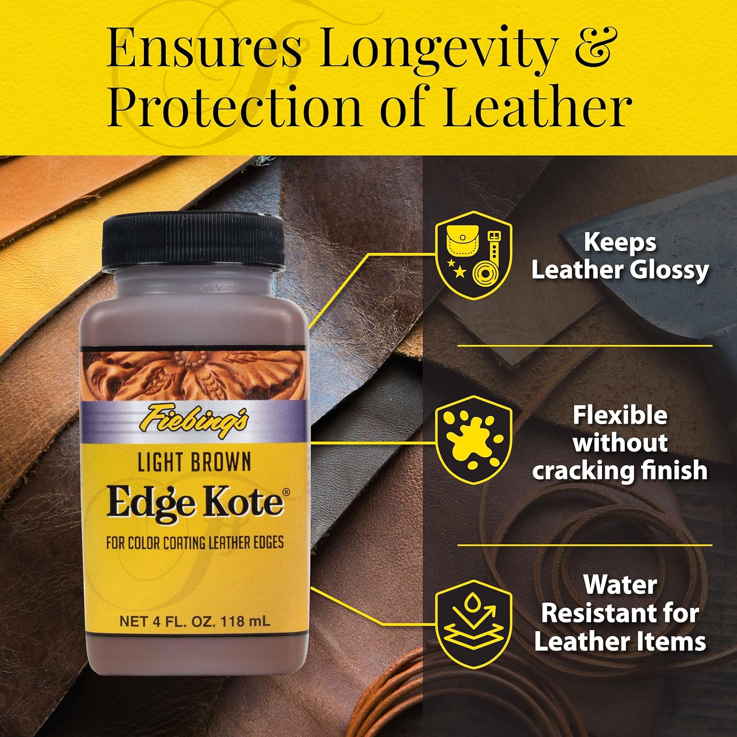 Buy now Fiebing's Edge Kote (4oz, Light Brown) - Leather Edge Paint for Shoes, Furniture, Purses, Couches, Belts - Flexible, Water Resistant, Semi Gloss Color Coating Leather Dye to Protect Natural Edges at indiglob india