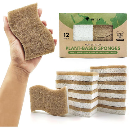 Biodegradable Natural Kitchen Sponge - Compostable Cellulose and Coconut Walnut Scrubber Sponge (12 Pack)