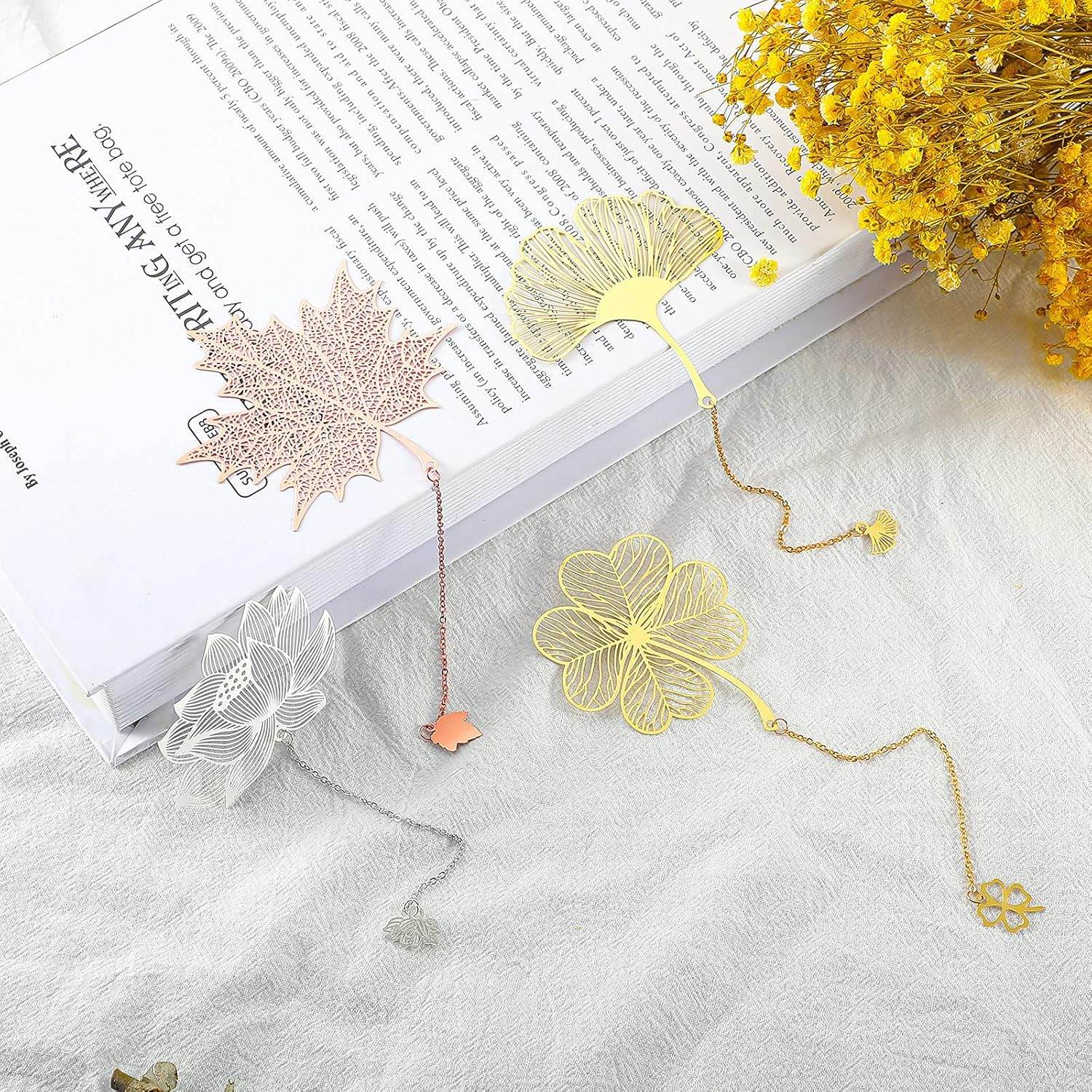 12 Pieces Metal Bookmarks with Chain for Women Metal Leaf Bookmark for Book Lovers Writers Readers Children Teens Adults Gold Silver and Rose Gold(Chain Style) - My Store
