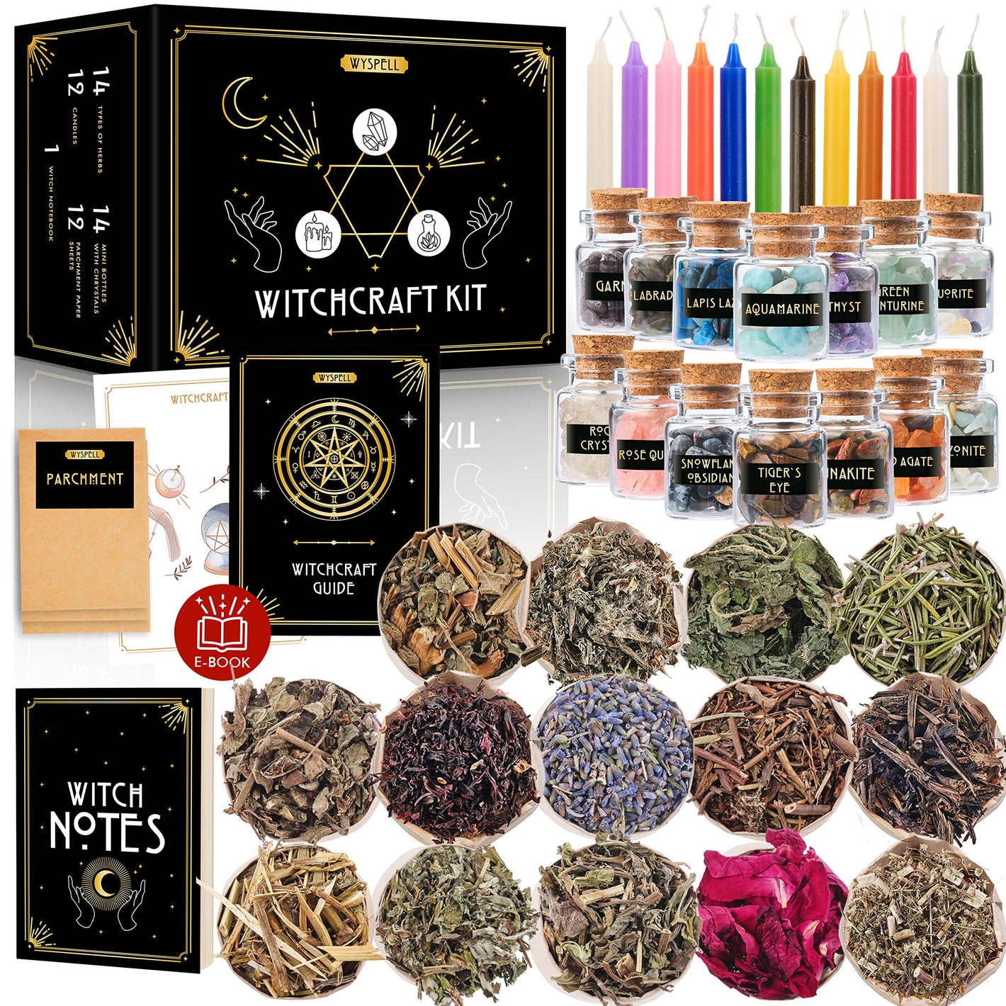 Buy now Wyspell Witchcraft Supplies Kit for Witch Altar 54PCS - Spell Candles for Witches - Crystals Spell Jars for Witches - Herbs for Spells - Beginner Witch Starter Box - Witchcraft Kit at indiglob india